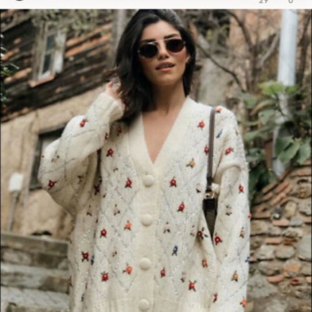Zara Womens Ivory Limited Edition Embroidered Oversized Cardigan Sweater Size S - Picture 3 of 8